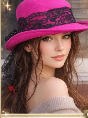 Vintage Hot Pink Felt Hat Black Lace Trim Wide Brim Statement Dress Hat Women’s